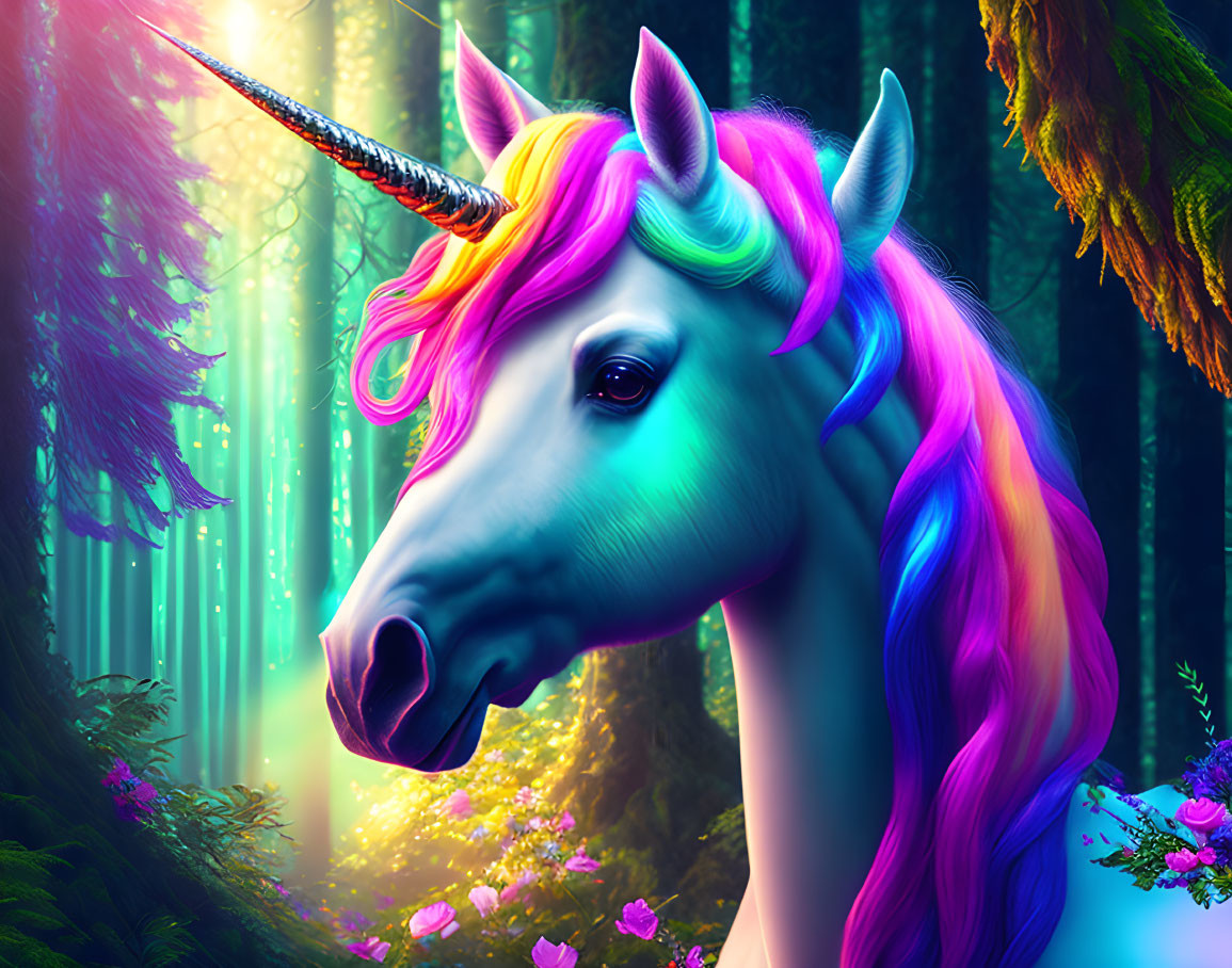 Colorful Unicorn with Rainbow Mane in Enchanted Forest