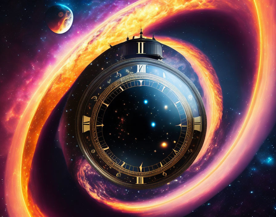 Ornate clock floating in space with nebula swirl and distant planet