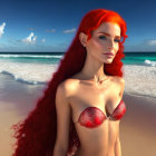 Vibrant red-haired woman in red bikini on sunny beach scene