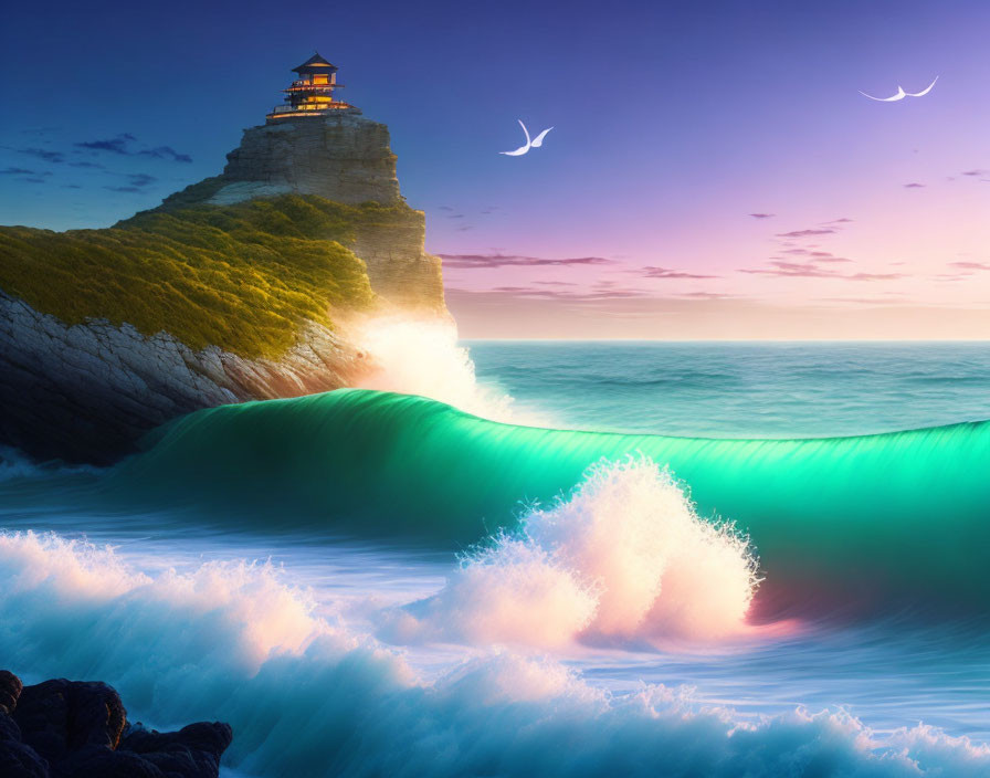 Tranquil Seascape with Glowing Lighthouse at Sunset