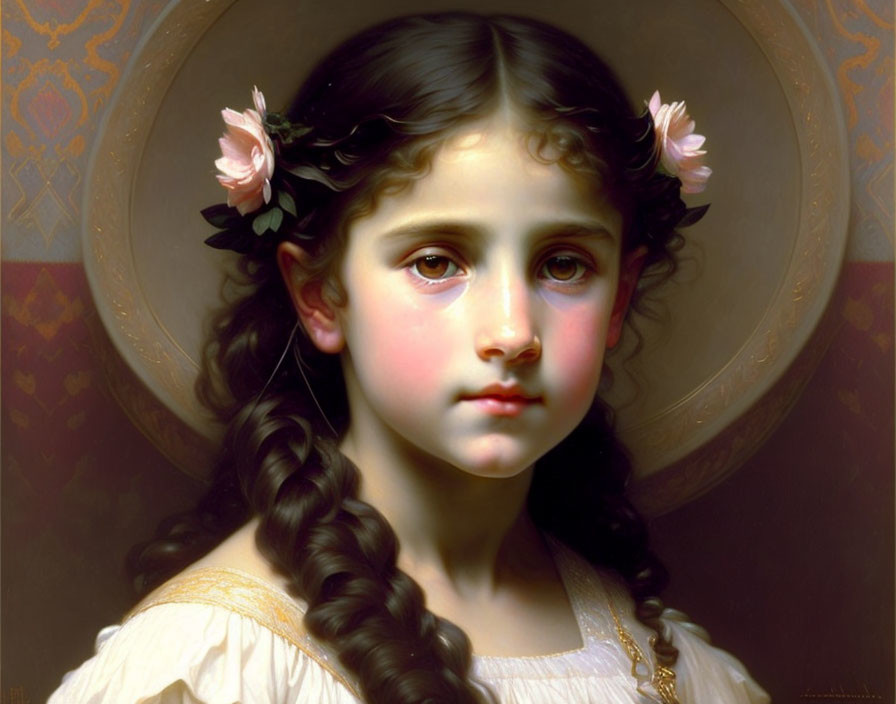 Portrait of Young Girl with Braided Hair and Pink Flowers in Ornate Background