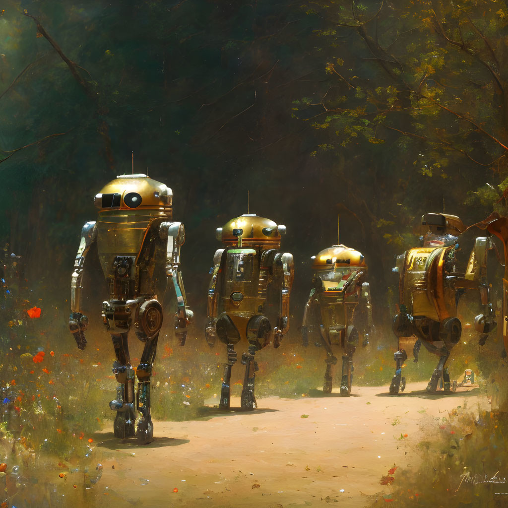 Vintage robots walking in forest clearing among tall trees.