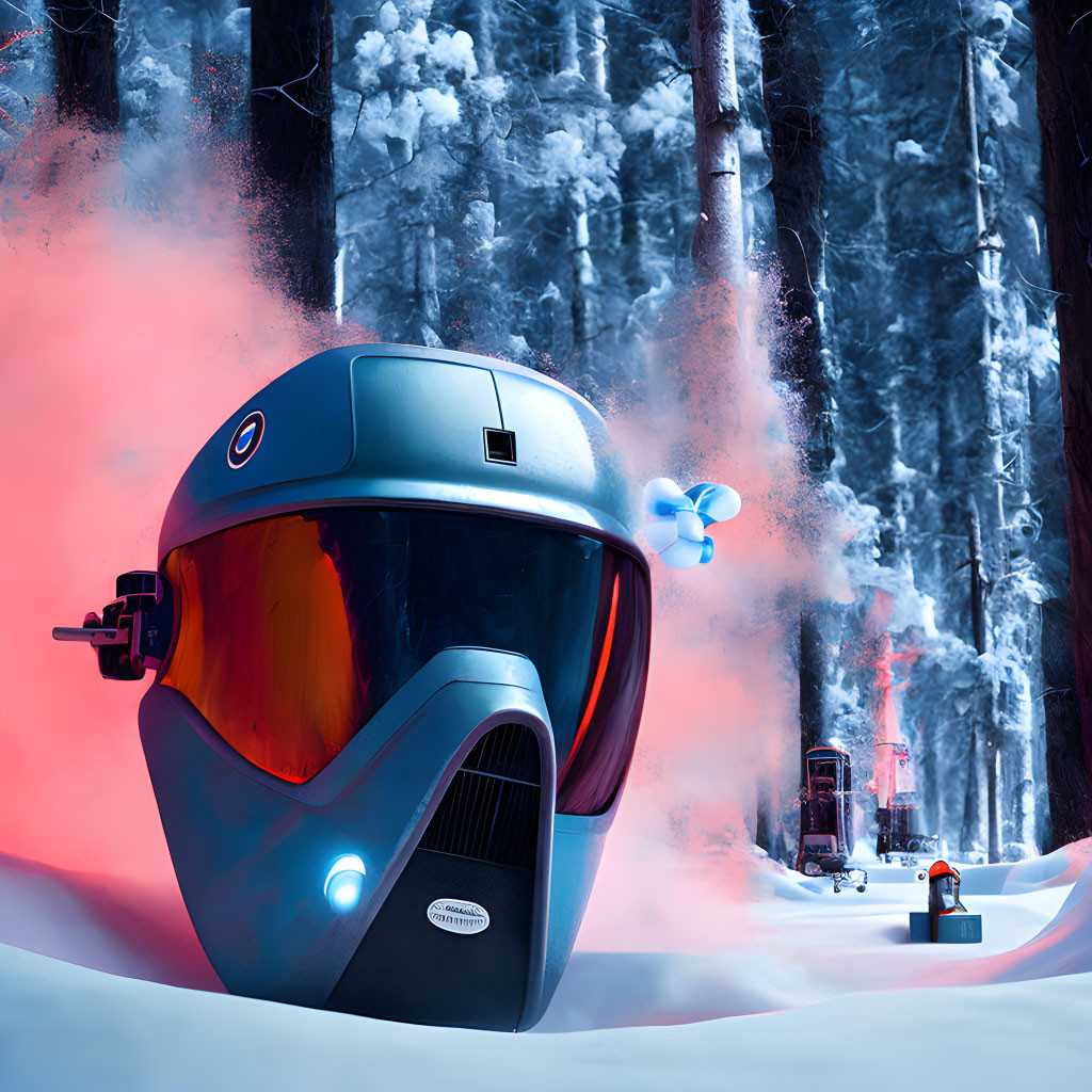 Futuristic orange visor helmet in snowy forest with red smoke