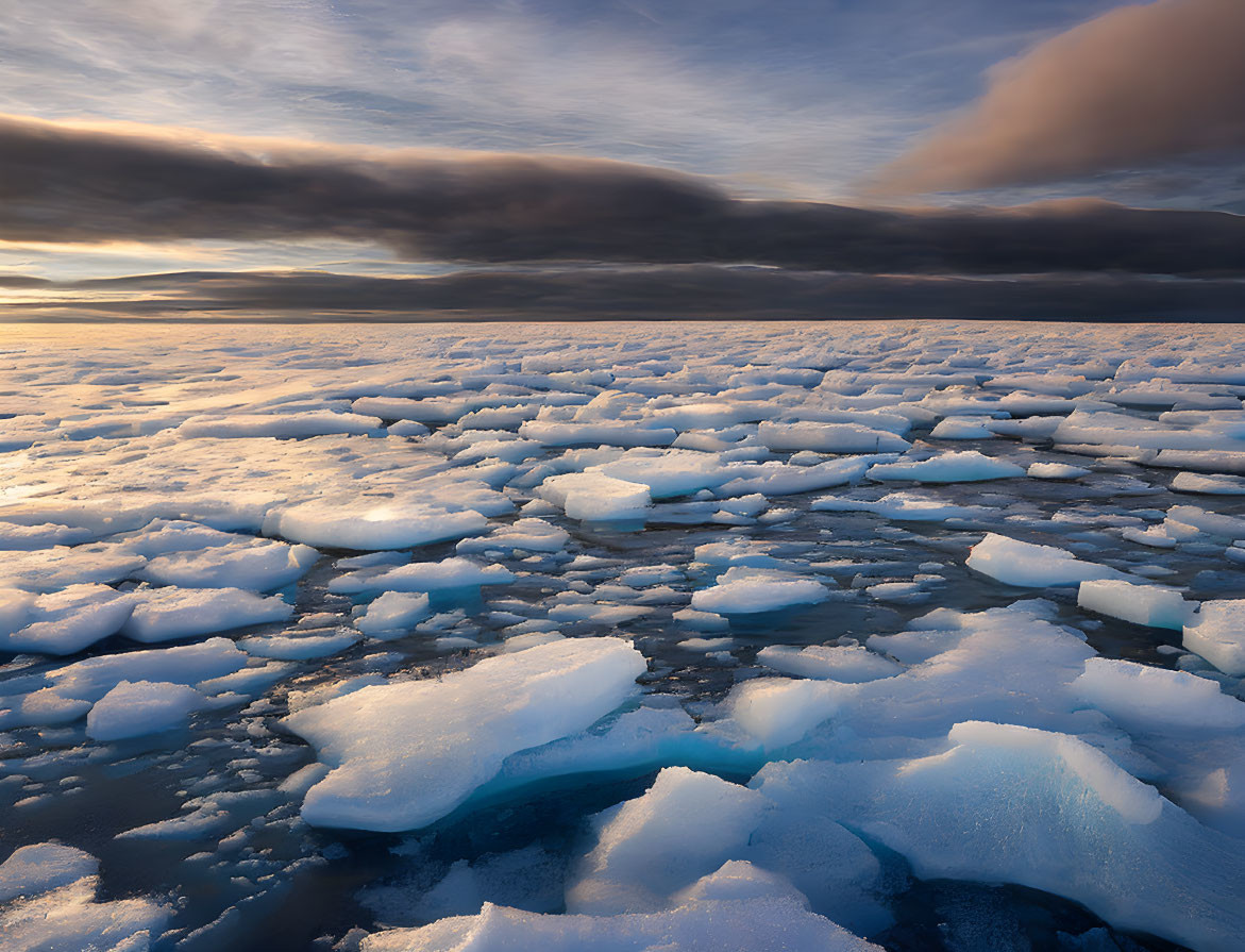 Frozen landscape with broken ice sheets on calm waters under a dramatic sky