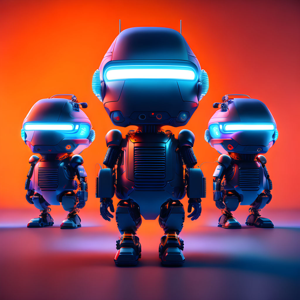 Futuristic robots with blue and orange lighting on gradient background