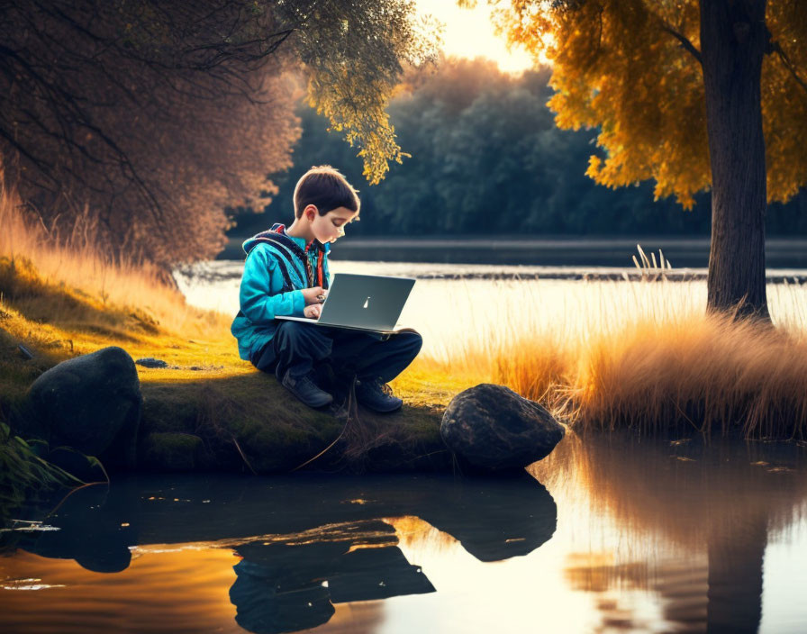 Boy on rock by tranquil river at sunset with autumn trees