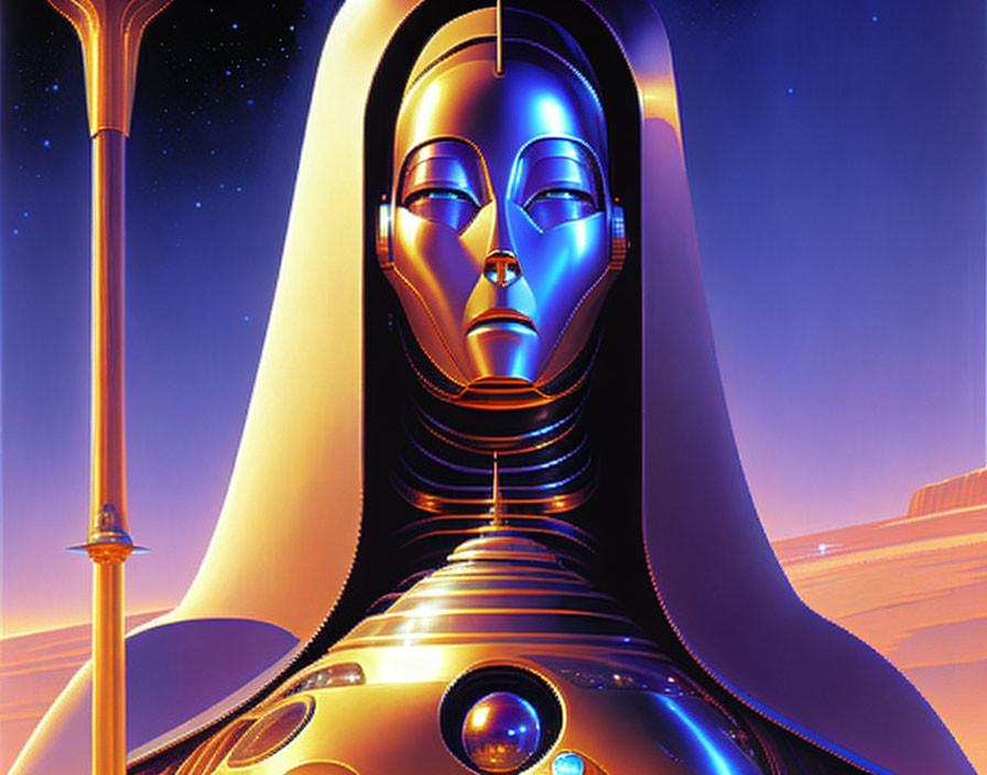 Futuristic female robot illustration in golden design on twilight background