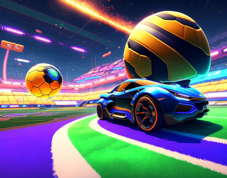 Futuristic blue sports car on colorful soccer pitch with oversized soccer balls