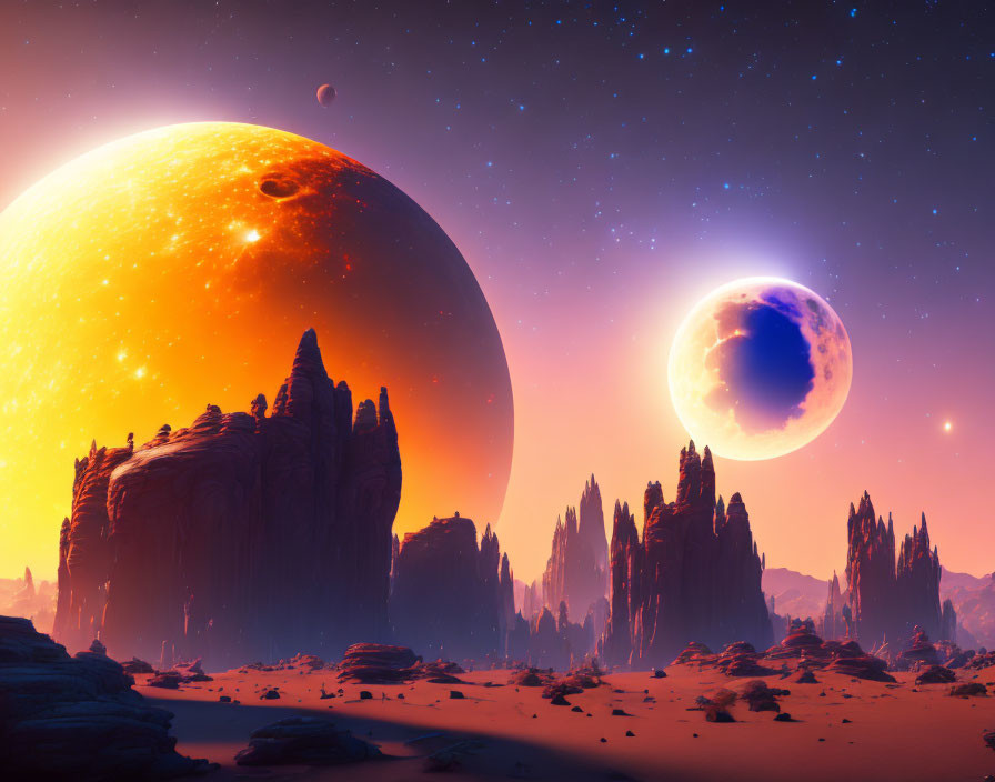 Sci-fi landscape with rocky spires, orange planet, and moon in starry sky