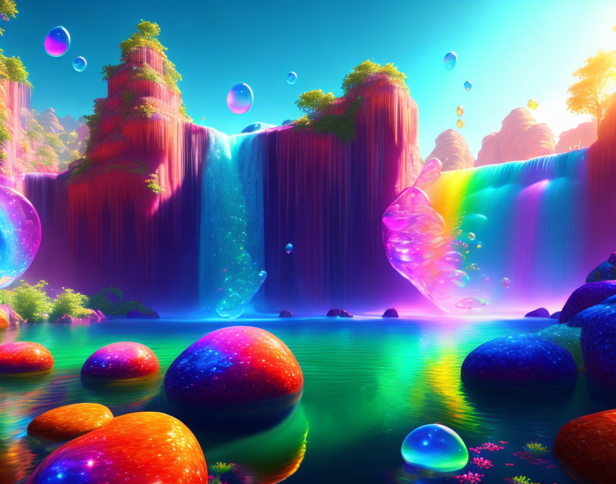 Colorful Fantasy Landscape with Glowing Waterfalls & Iridescent Bubbles