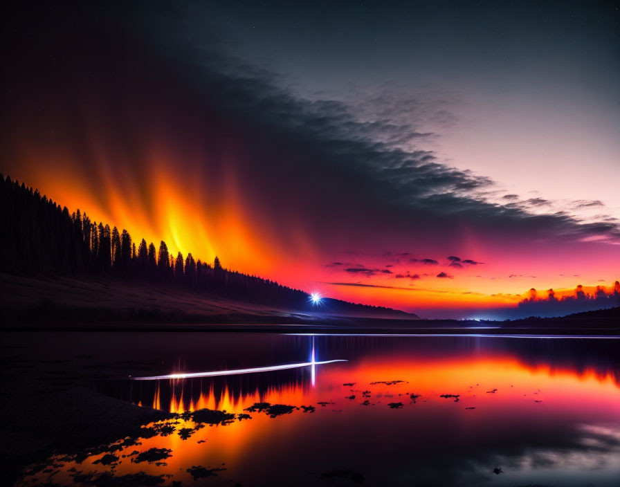 Twilight scene: serene lake mirroring orange and pink sky over dark forest.