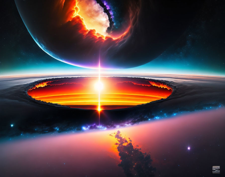 Surreal space scene with large planet, fiery portal, and luminous light column