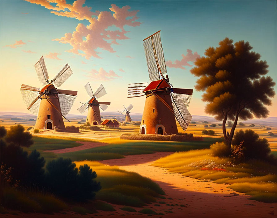 Traditional windmills in serene landscape with tree, path, and golden fields