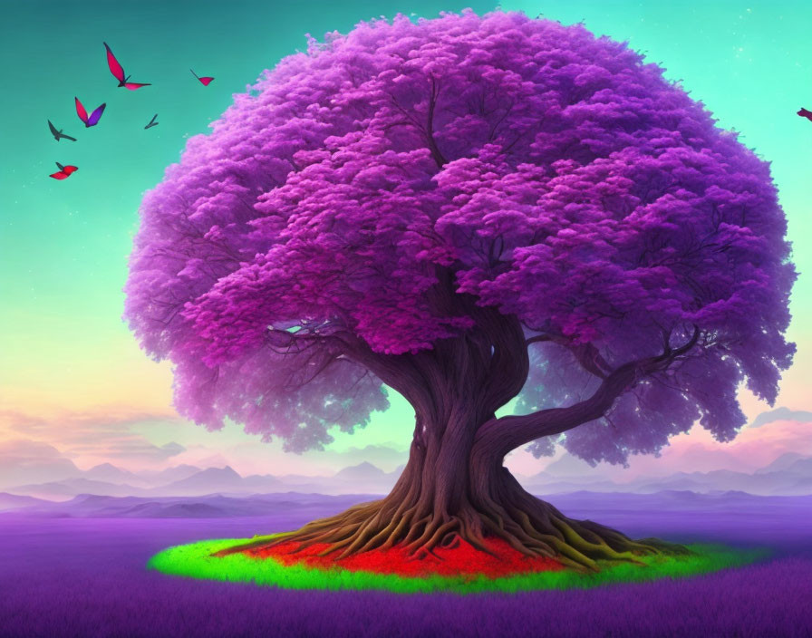 Colorful digital artwork: Majestic tree, purple foliage, birds, surreal landscape