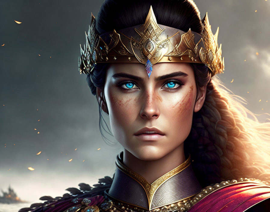 Warrior woman digital artwork with blue eyes, gold crown, jeweled forehead piece, and battle scars