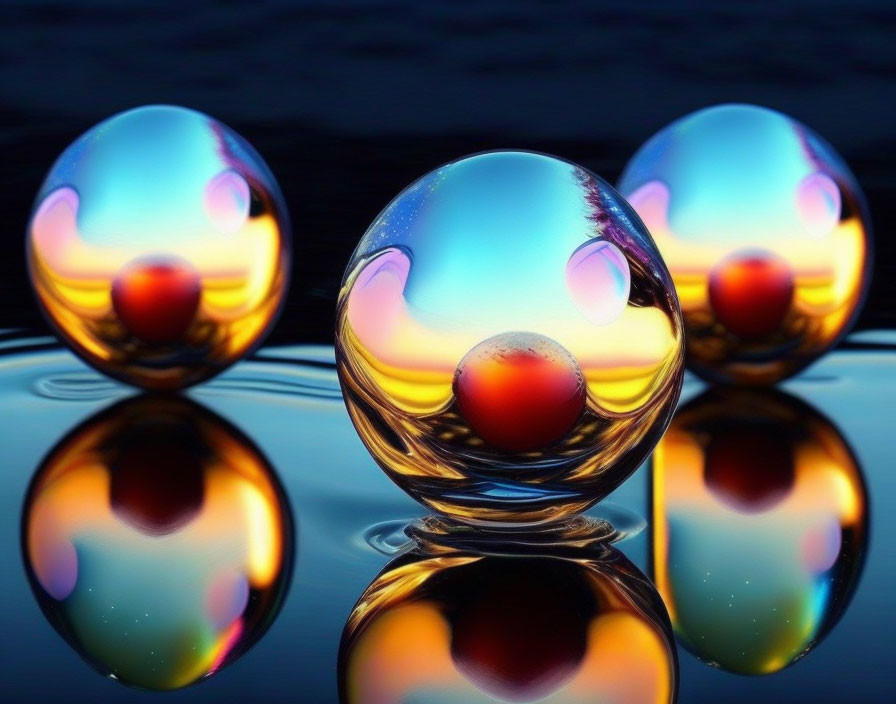 Crystal balls reflecting vibrant sunset and clouds on reflective surface.