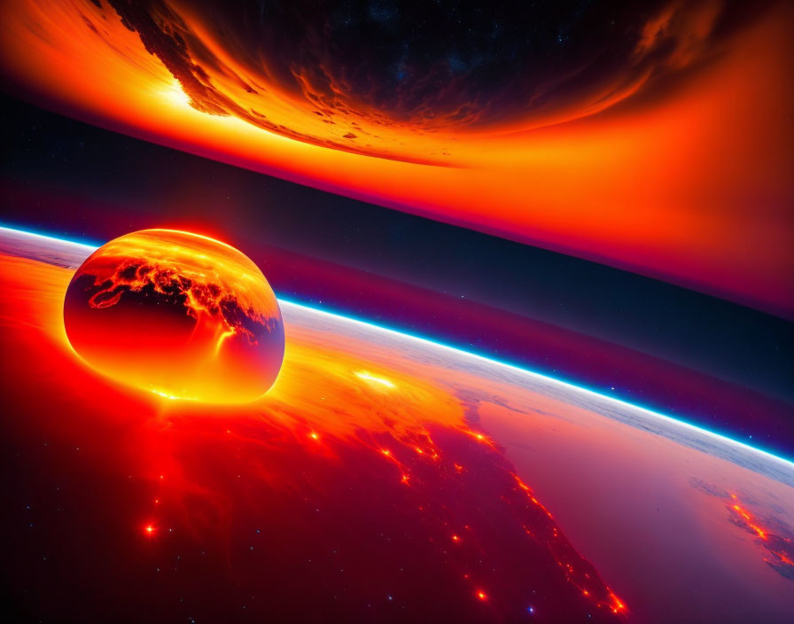 Colorful digital artwork: Two celestial bodies in space with fiery hues