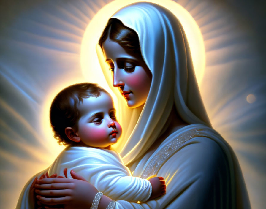 Illustration of woman with baby in white veil and radiant glow