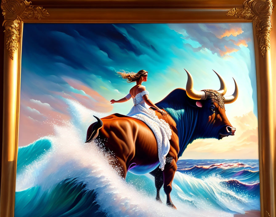 Colorful painting: Woman riding bull in ocean waves under golden frame