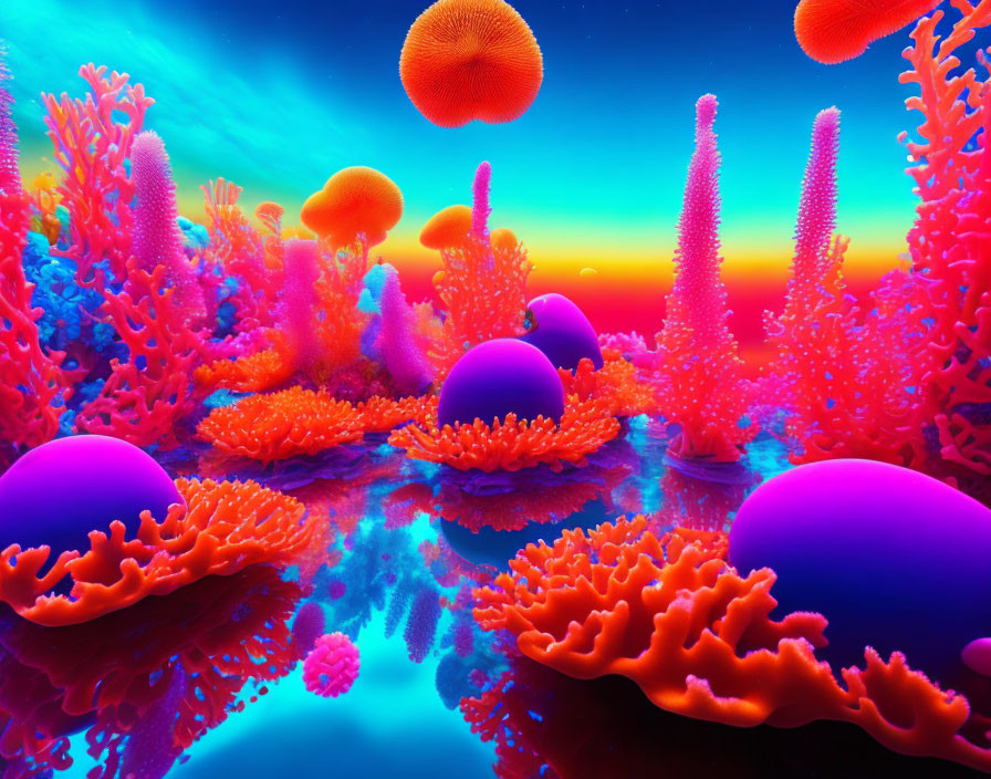 Surreal Neon Coral Reef Artwork Under Twilight Sky