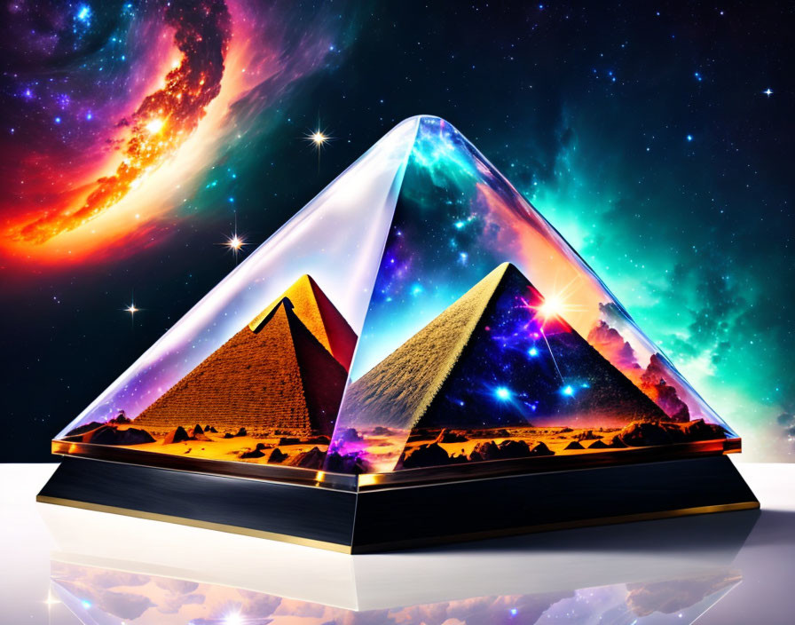 Colorful pyramid and cosmic art with glowing edges on stellar backdrop