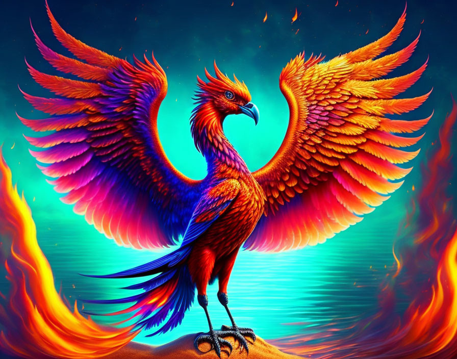 Colorful Phoenix with Outstretched Wings in Fiery Scene