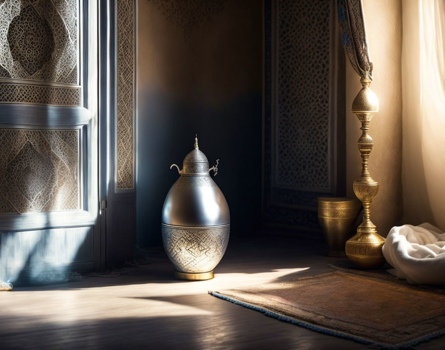 Intricate Metal Pitcher, Brass Candlestick, and Bowl on Carpeted Floor