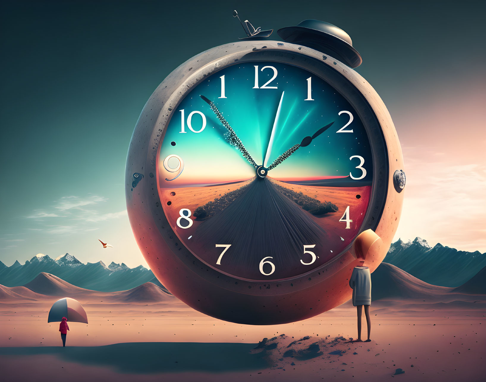 Surreal image with large pocket watch, desert landscape, person with umbrella, mountains, twilight sky