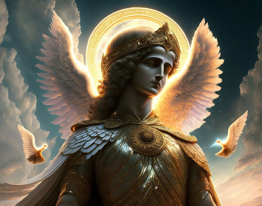 Golden-armored angel with halo in serene sky with doves