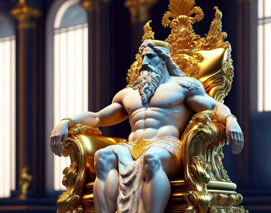 Muscular bearded man on golden throne in grand hall