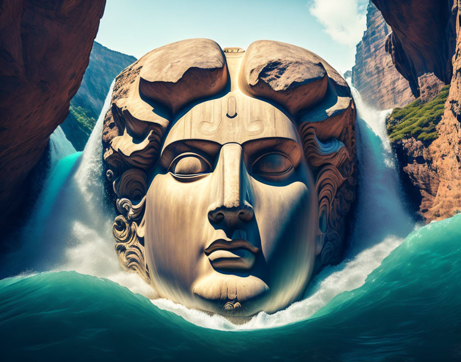 Giant classical sculpture head in water by rocky cliffs