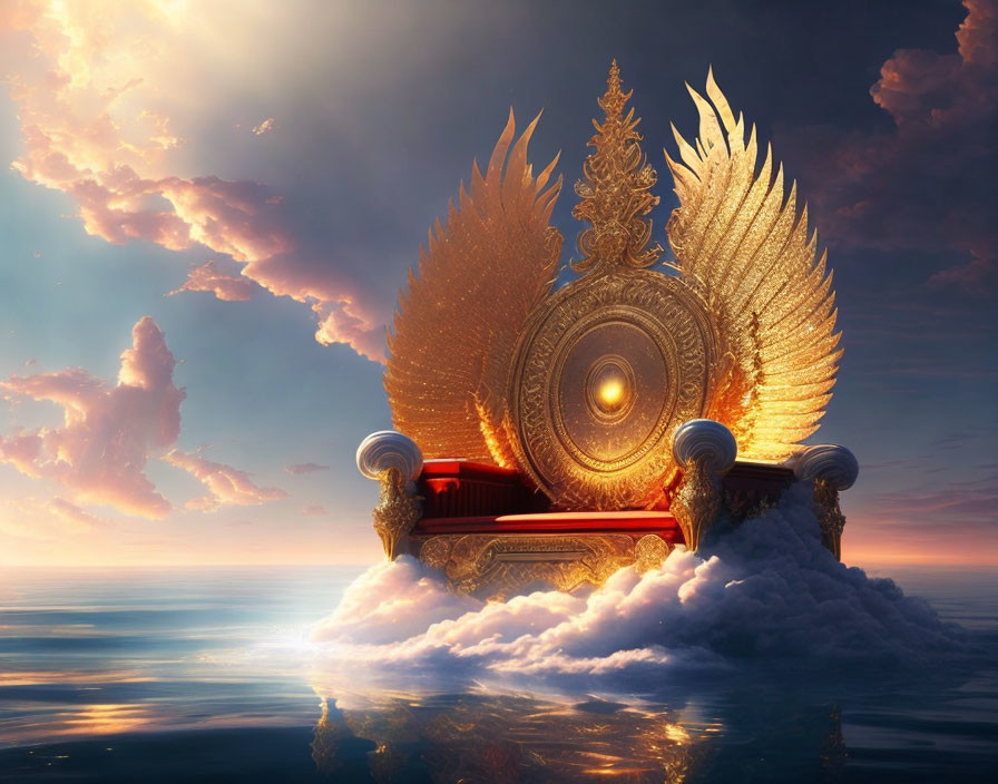 Golden throne with wing-like accents on clouds at sunrise/sunset