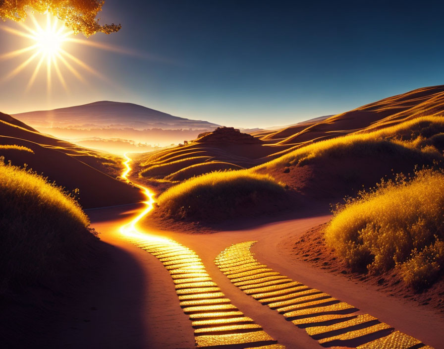 Desert sunrise with golden light over dunes and radiant sunburst