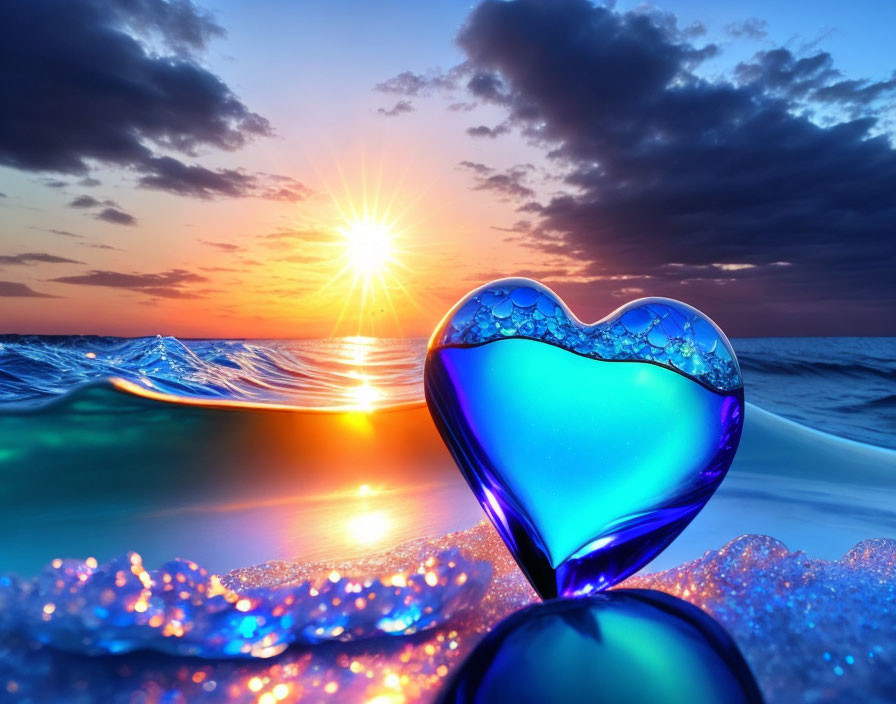 Translucent blue heart-shaped object on beach at sunset