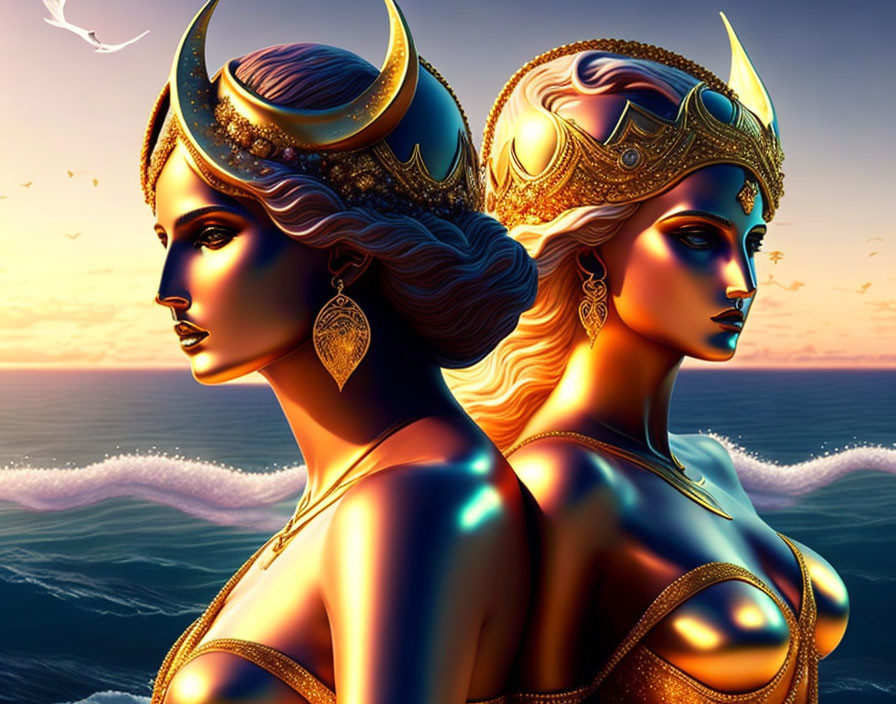 Illustrated female figures with golden crowns and ornate jewelry in sunset seascape.