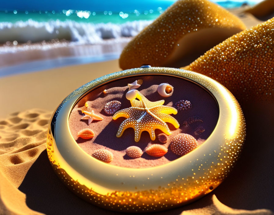 Golden Compact Mirror with Starfish and Seashells Reflecting Sun on Blue Sea