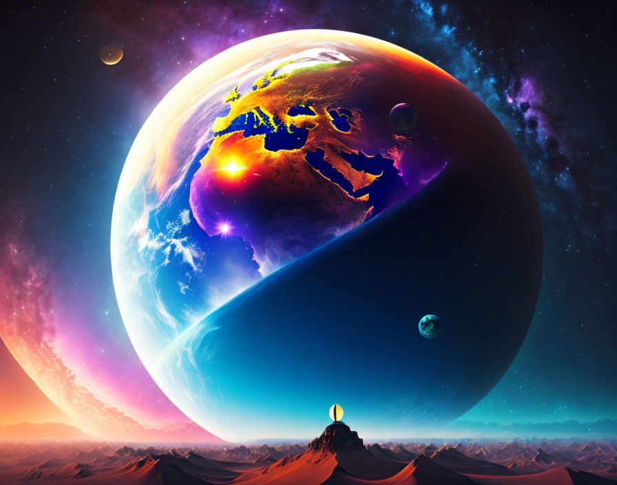 Colorful digital artwork of person meditating on mountain peak with Earth and celestial bodies.