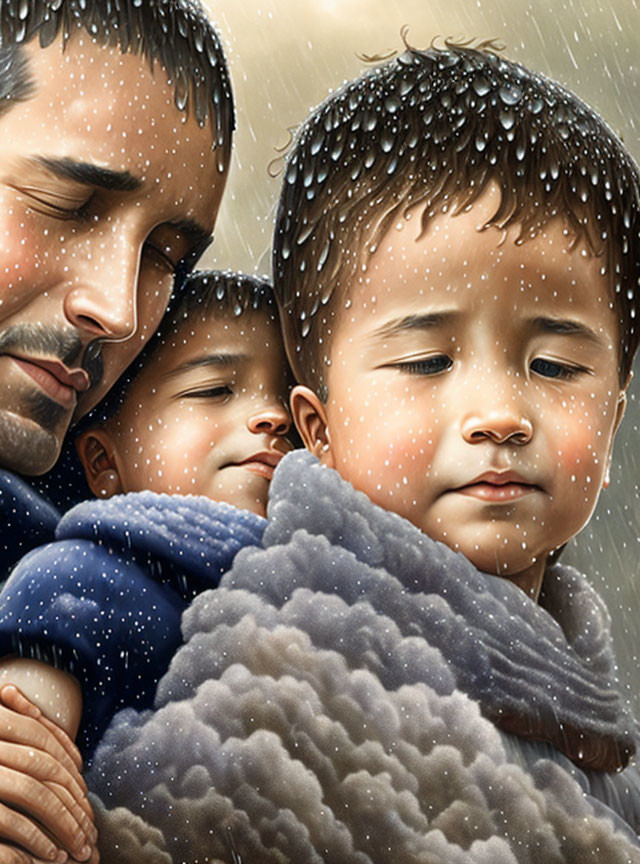 Father Embracing Two Children in Gentle Rain