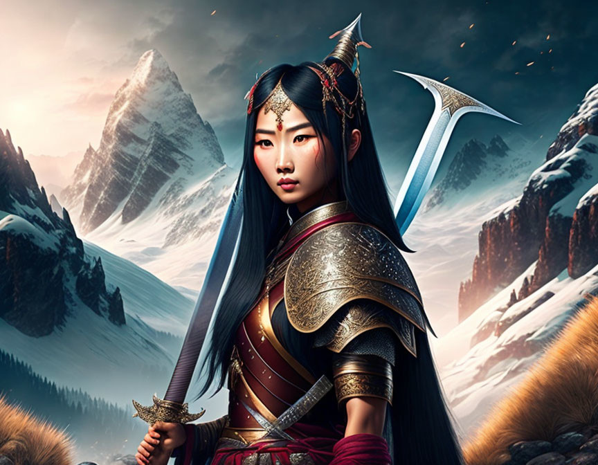 Fantasy female warrior with Asian features in armored attire against snowy mountains