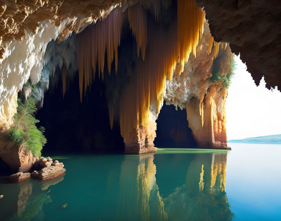 Serene water-filled cave with stalactites and lush greenery