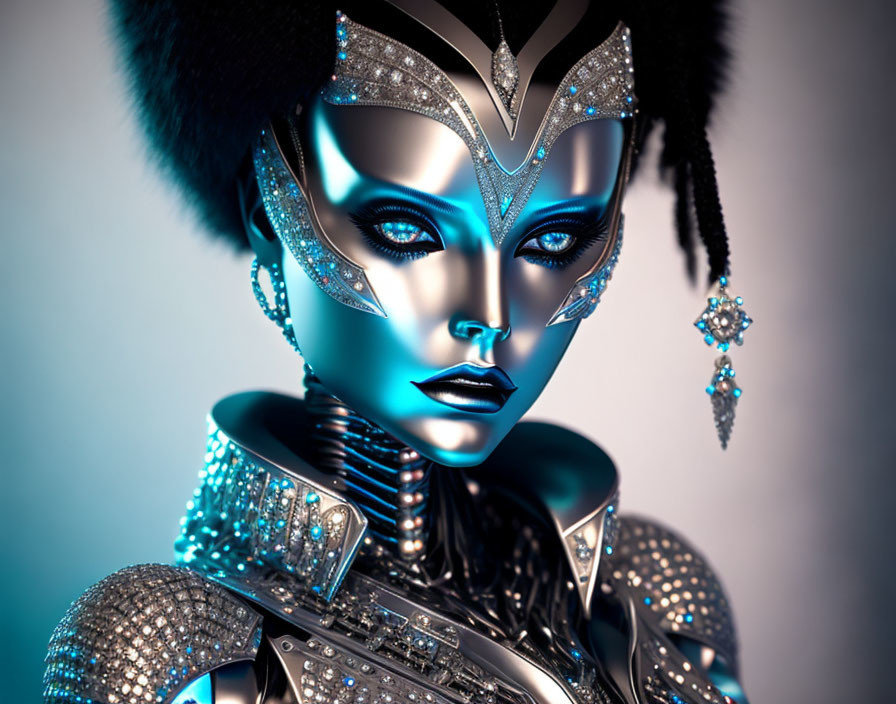 Futuristic woman in ornate metallic headdress and jeweled attire