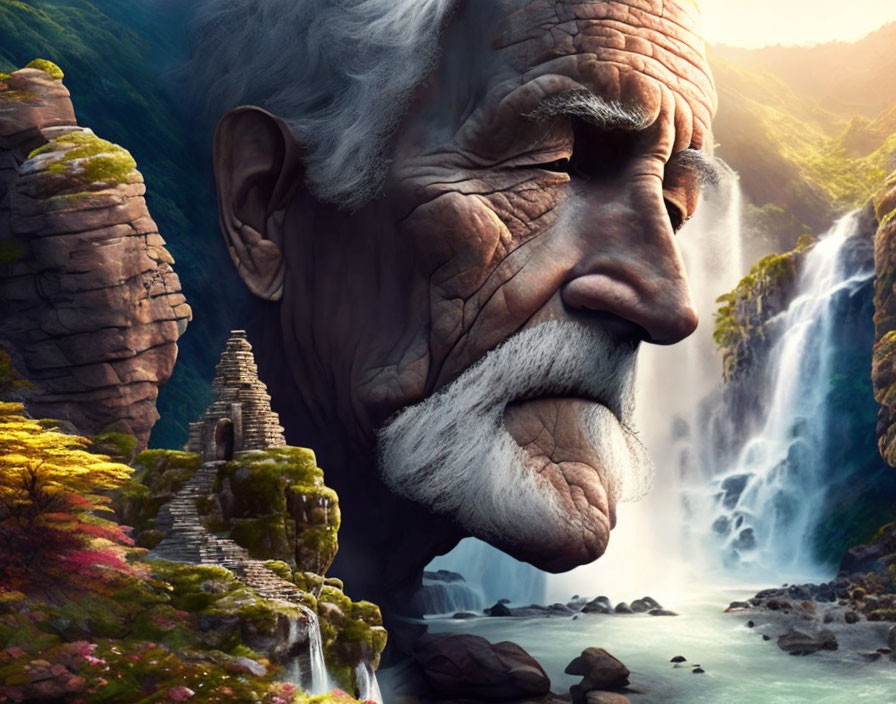 Old man's face merged with nature scene: waterfalls, cliffs, temple & lush foliage