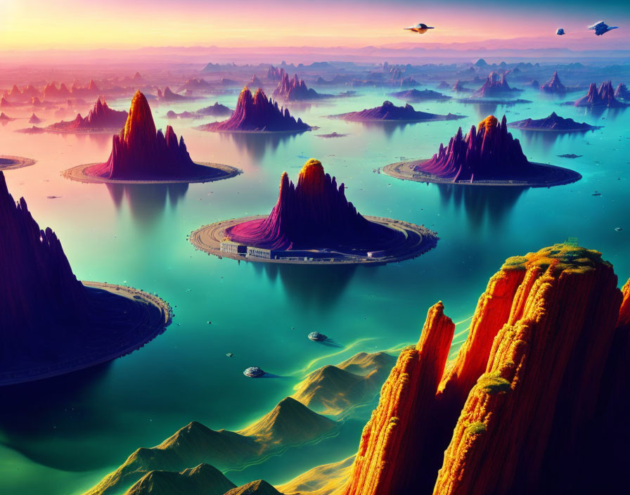 Futuristic landscape with rock formations, flying ships, and turquoise waters