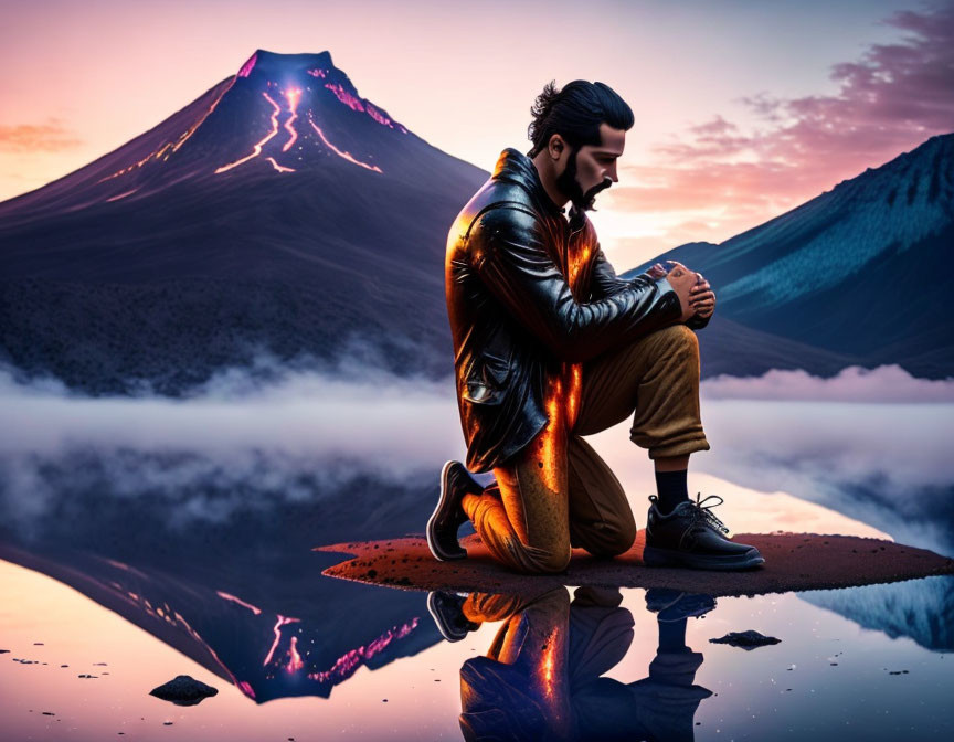 Man in leather jacket on surfboard contemplates tranquil lake with erupting volcano and mountains at dusk