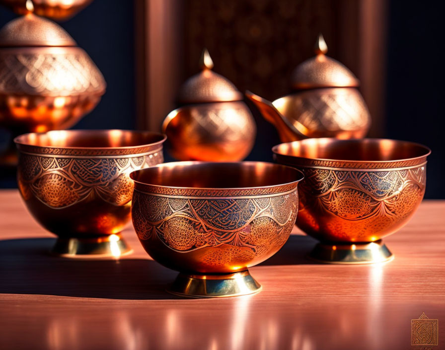 Intricately Etched Copper Bowls on Reflective Surface