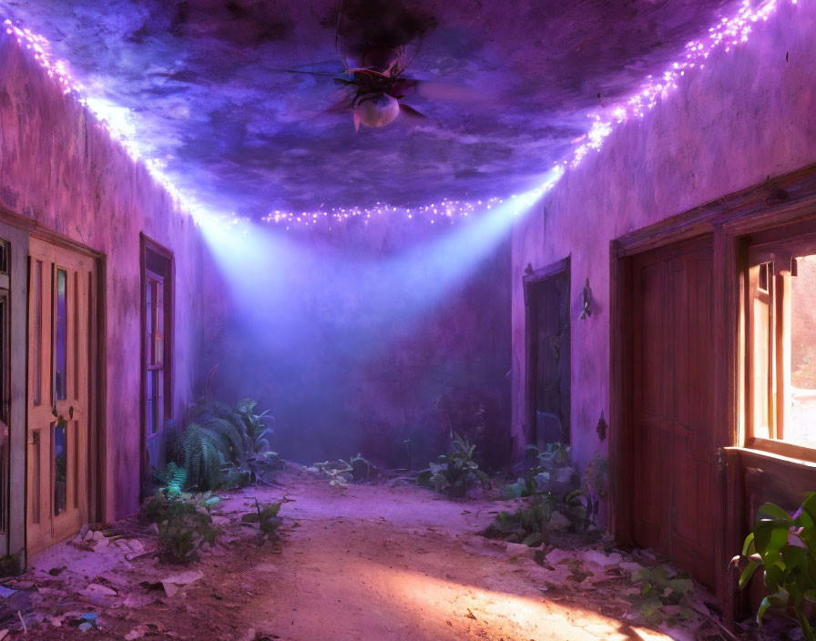 Abandoned room with purple lighting, plants, and hanging fan