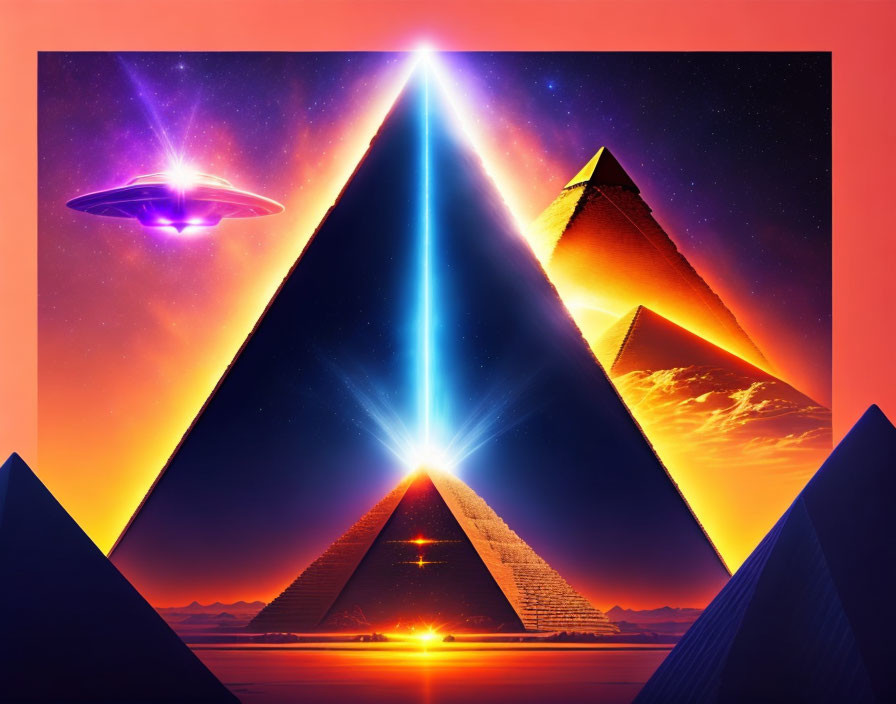 Colorful artwork: Pyramids, UFO, and beam of light under starry sky