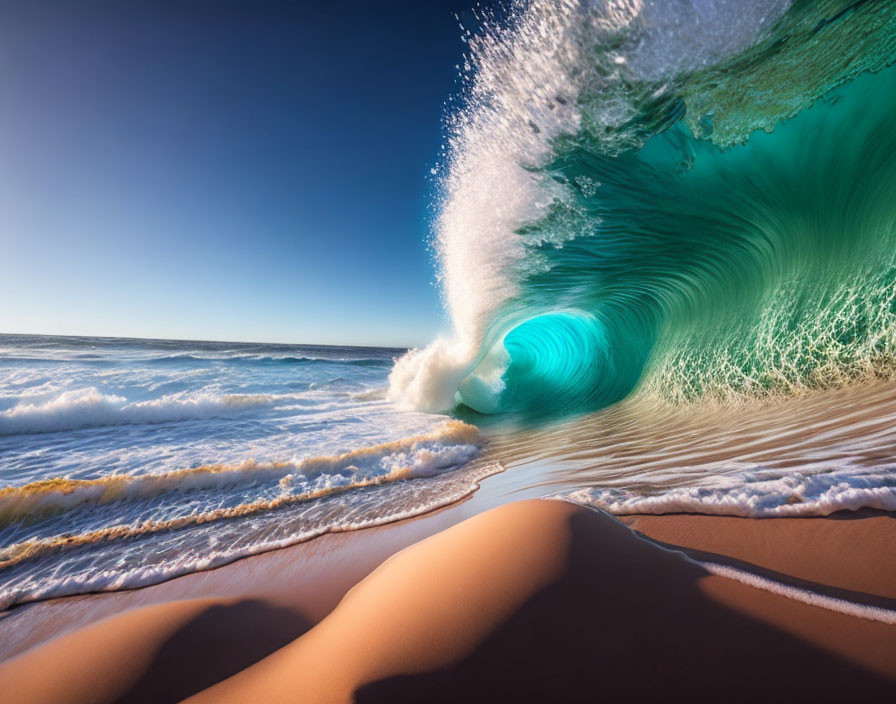 Tranquil Beach Scene with Large Turquoise Wave