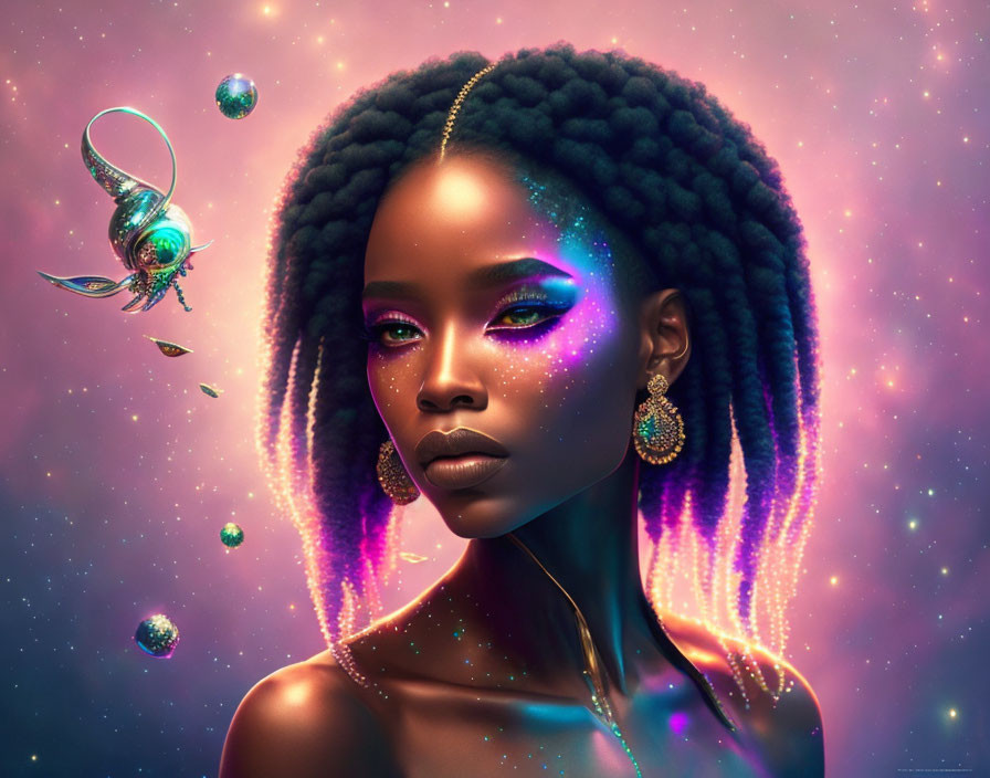 Digital artwork: Woman with striking features, luminescent orbs, and ornate object orbiting head