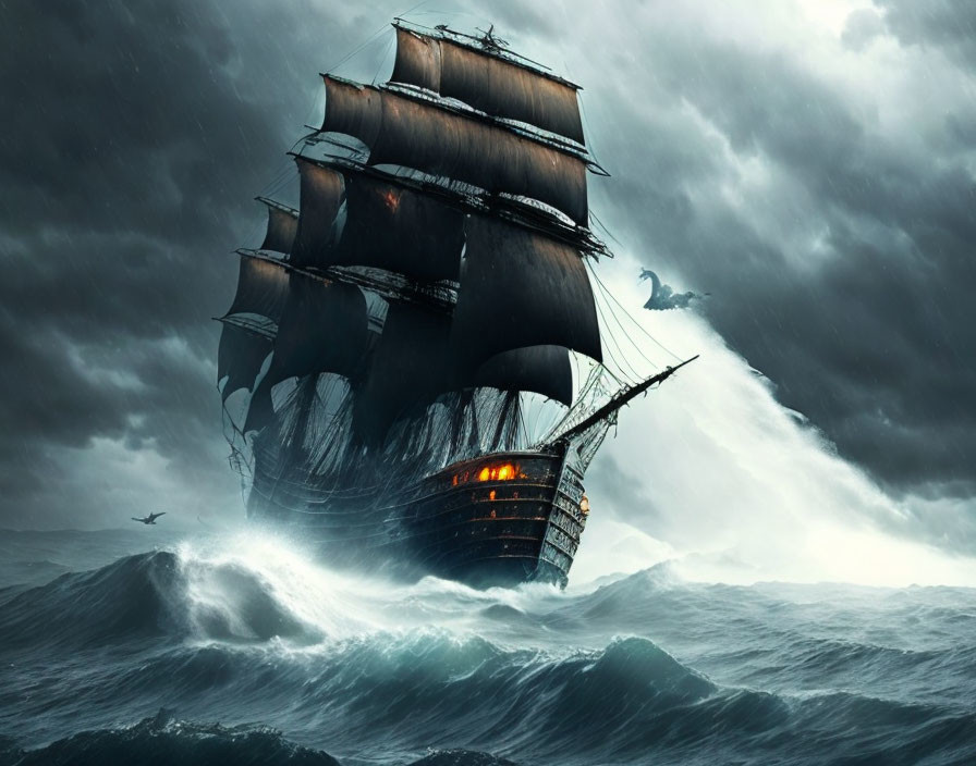 Sailing ship in stormy seas with billowing sails and birds